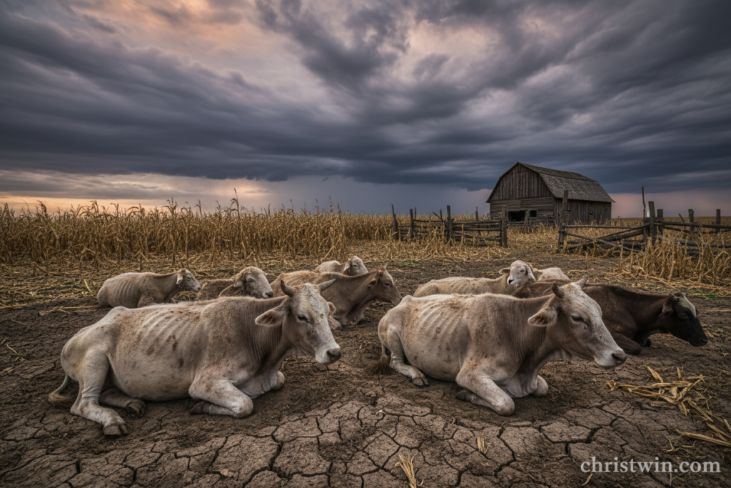 A desolate agricultural landscape under a dramatic, overcast sky. In the foreground, a group of sick livestock—cattle and sheep—lying down, exhibiting signs of disease, with a few struggling to stand. The middle ground features a parched field with withered crops, while a rustic barn stands in the background, partially in shadow. The atmosphere is somber and foreboding, evoking a sense of despair. Soft, diffused lighting highlights the textures of the animals' fur and the cracked earth, creating a stark contrast with the ominous clouds overhead. Capture the scene from a low angle to emphasize the proximity of the suffering livestock and enhance the emotional impact. This image should reflect the themes of despair and consequence associated with the Fifth Plague of Egypt. christwin.com