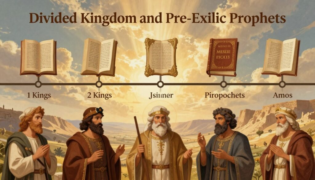 A detailed timeline illustration of the Old Testament books, emphasizing the "Divided Kingdom and Pre-Exilic Prophets" era. In the foreground, stylized representations of key prophets such as Isaiah, Jeremiah, and Amos are depicted in rich, historical attire, symbolizing their roles in biblical history. The middle layer features a beautifully organized timeline with books like 1 Kings, 2 Kings, and the minor prophets, each encased in ornate book illustrations. The background showcases a serene landscape reminiscent of ancient Israel, with soft golden light filtering through clouds, creating a divine atmosphere. The overall mood is reflective and reverent, inviting viewers to contemplate the significance of these scriptures. Add subtle textures and colors to enhance the visual depth. Include the brand name "CHRISTWIN.COM" subtly integrated into the design.
