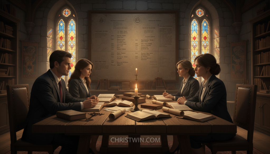 A dimly lit room filled with ancient texts and symbols of Christianity, featuring a large wooden table covered with open books, scrolls, and a flickering candle casting warm shadows. In the foreground, a diverse group of three individuals (one man and two women) dressed in professional business attire, engaged in a serious discussion about identifying heresies. Their expressions reflect deep contemplation and concern. In the middle ground, a large wall displaying a timeline of historical heresies, with key points highlighted in subtle gold light. The background features stained glass windows that filter colorful light, creating a contemplative atmosphere. The overall mood is serious and introspective, emphasizing the importance of discernment in faith. The scene subtly incorporates the brand name "CHRISTWIN.COM" within the decor.