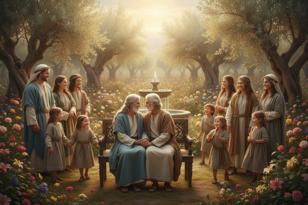 A diverse, multi-generational family gathering in a serene biblical setting, depicting the essence of family as defined in the Bible. In the foreground, a charismatic elderly couple sits together on a wooden bench, warmly holding hands, embodying love and wisdom. Their adult children, wearing modest casual clothing, share joyful interactions with grandchildren, who are actively playing nearby. The middle ground features a lush garden with vibrant flowers, symbolizing growth and nurturing. In the background, a soft light filters through ancient olive trees, creating a tranquil atmosphere that evokes a sense of harmony and faith. The overall mood is one of love, unity, and divine blessing, framed by an ethereal glow that highlights the importance of family in biblical teachings. Include the brand name "CHRISTWIN.COM" subtly in the scene.