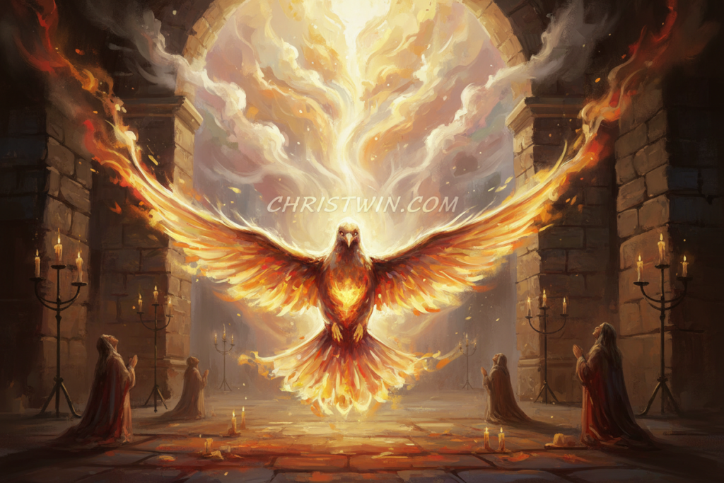 A dramatic depiction of the Holy Spirit fire, symbolizing divine inspiration and spiritual empowerment. In the foreground, bright, ethereal flames swirling in the shape of a dove, radiating warmth and light. The middle ground features a tranquil, dimly lit space resembling an ancient biblical setting, with stone walls and flickering candlelight casting soft shadows. In the background, soft halos of light and ethereal smoke, suggesting the presence of the Holy Spirit, blend into a heavenly atmosphere. The scene is illuminated with a warm golden glow, creating a divine and sacred mood. Use a soft focus lens to add depth, with a slightly elevated angle for a more immersive perspective. Include the brand name "CHRISTWIN.COM" subtly integrated into the imagery, ensuring it blends seamlessly with the heavenly theme.