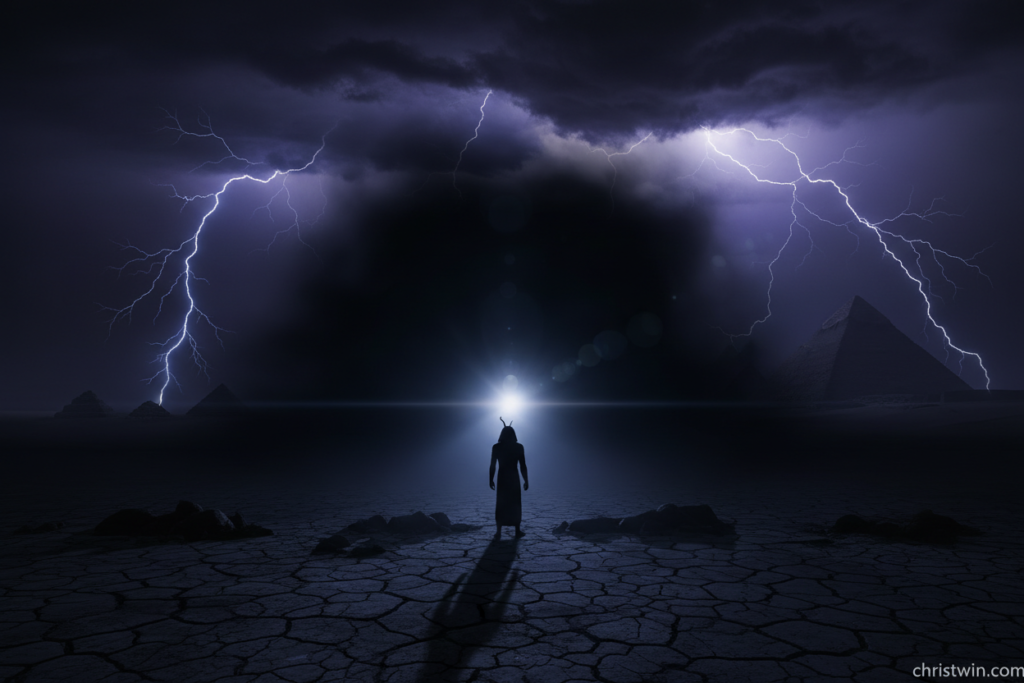 A dramatic scene depicting the Ninth Plague of Egypt, "Darkness." In the foreground, a silhouette of an ancient Egyptian figure stands in a desolate landscape, looking towards a deep, ominous darkness that envelops the middle ground. The sky is a rich, swirling mix of deep purples and blacks, with faint flashes of lightning illuminating the shadowy forms of distant pyramids. The atmosphere is thick with tension, evoking feelings of fear and uncertainty. Soft, ethereal light appears to emanate from a hidden source, casting elongated shadows of the figure and the barren ground. The overall mood is foreboding and spiritual, inviting viewers to ponder the lessons of this ancient tale. Lens flare subtly enhances the illusion of light emerging from the darkness. No text or branding visible, except for a watermark of christwin.com in the lower corner.