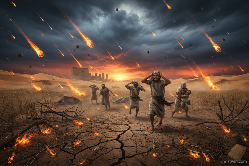 A dramatic scene depicting the Seventh Plague of Egypt, highlighting a chaotic sky filled with dark storm clouds illuminated by fiery hailstones raining down. In the foreground, a desolate landscape with cracked earth and damaged crops, reflecting destruction from the hail and fire. In the middle ground, terrified Egyptian farmers dressed in modest, traditional attire seek shelter as large hailstones crash around them. In the background, towering sand dunes and partially ruined stone structures are silhouetted against the fiery glow of the storm. The lighting is dramatic, with stark contrasts between the dark clouds and the fiery bursts of the hail. The atmosphere is tense and foreboding, evoking a sense of both awe and fear. This illustration captures the severity and impact of the biblical plague. christwin.com