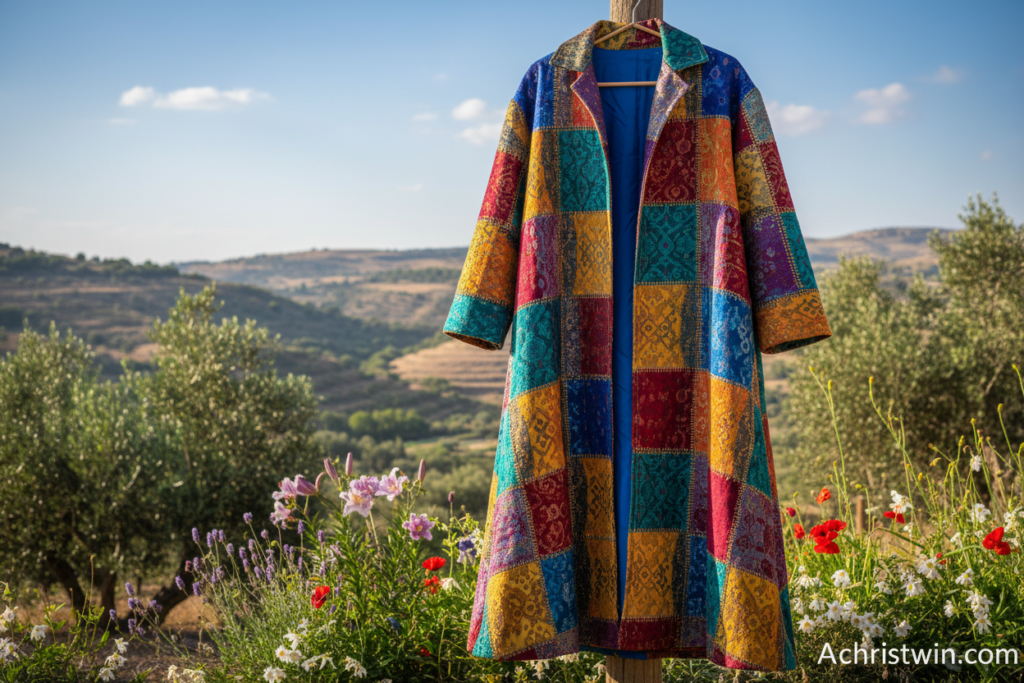 A richly detailed depiction of Joseph's Coat of Many Colors, inspired by Jewish tradition, centered in a serene outdoor setting. In the foreground, a vibrant coat hangs on a wooden post, showcasing a dazzling array of colors—deep reds, royal blues, and vivid greens—exquisitely woven and glimmering in the soft sunlight. In the middle ground, lush greenery and delicately blooming flowers symbolize the beauty of the land of Canaan. The background features rolling hills under a clear, blue sky, creating a tranquil atmosphere. Soft, diffused lighting enhances the textures of the coat and the surrounding nature. The scene evokes a sense of heritage and spiritual significance, reflecting the deep history and teachings of Joseph's story. Capture this vision in a high-resolution format. Reference: christwin.com. A richly detailed depiction of Joseph's Coat of Many Colors, inspired by Jewish tradition, centered in a serene outdoor setting. In the foreground, a vibrant coat hangs on a wooden post, showcasing a dazzling array of colors—deep reds, royal blues, and vivid greens—exquisitely woven and glimmering in the soft sunlight. In the middle ground, lush greenery and delicately blooming flowers symbolize the beauty of the land of Canaan. The background features rolling hills under a clear, blue sky, creating a tranquil atmosphere. Soft, diffused lighting enhances the textures of the coat and the surrounding nature. The scene evokes a sense of heritage and spiritual significance, reflecting the deep history and teachings of Joseph's story. Capture this vision in a high-resolution format. Reference: christwin.com.