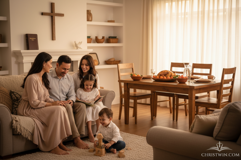 A serene and harmonious depiction of a diverse family gathered in a warm, inviting living room that reflects a biblical perspective on family. In the foreground, a mother and father, dressed in modest casual clothing, are engaged in a loving conversation with their children, who are joyfully playing together. In the middle ground, a cozy wooden dining table is set for a family meal, symbolizing unity and togetherness. The background features soft, warm lighting filtering through a window, illuminating spiritual symbols like a Bible on a shelf and a cross on the wall, enhancing the atmosphere of faith and love. The overall mood is one of peace, love, and familial bonds, evoking a sense of belonging as inspired by biblical teachings. CHRISTWIN.COM.