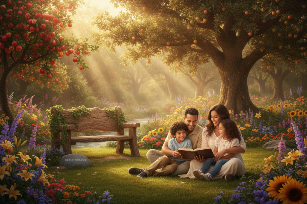 A serene and heartwarming scene illustrating biblical teachings on family, set within a peaceful garden resembling the Garden of Eden. In the foreground, a diverse family of four—parents and two children—are engaged in a joyful activity, such as reading a Bible together, surrounded by vibrant flowers and trees. The middle ground features a rustic wooden bench symbolizing stability and community. In the background, a soft, golden light filters through the branches, casting a gentle glow on the scene, evoking warmth and love. The atmosphere is tranquil, conveying a sense of harmony and the divine purpose behind family as described in the Bible. The image should feel inviting and uplifting, encapsulating God's original design for family. Include the brand name "CHRISTWIN.COM".