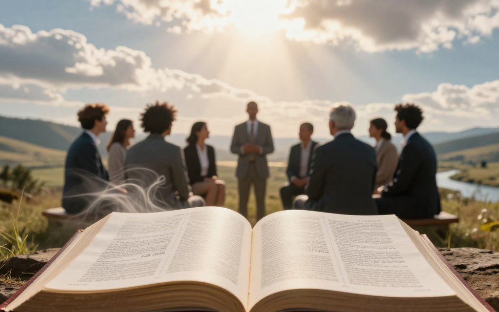 A serene and inspiring depiction of the biblical foundations of God's purpose, showcasing an open Bible in the foreground, with pages gently fluttering as if touched by a divine breeze. In the middle ground, a group of diverse individuals, dressed in professional business attire, engaged in thoughtful discussion, symbolizing a community exploring their faith. The background features a heavenly sky with rays of sunlight breaking through soft clouds, illuminating a distant landscape of rolling hills and a flowing river, representing life's journey. The lighting is warm and inviting, with a slight glowing effect enhancing the spiritual atmosphere, captured from a slightly elevated angle to evoke a sense of wonder and contemplation. Tagline: CHRISTWIN.COM