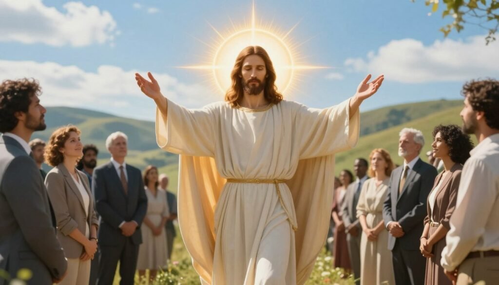 A serene and powerful depiction of divine authority, illustrating Christ's presence on Earth. In the foreground, a radiant figure of Christ, dressed in modest, flowing robes, extending his arms in a blessing gesture. His face radiates compassion and strength, surrounded by a soft halo of light. In the middle ground, followers of diverse backgrounds gather in reverence, their expressions reflecting awe and devotion, all in professional business attire or modest casual clothing. The background features a lush, sunlit landscape with gentle hills and a vibrant blue sky, symbolizing harmony and peace. The lighting is warm and ethereal, casting a golden hue over the scene, creating a mood of divine inspiration and reverence. The composition is balanced and uplifting, perfectly capturing the essence of Christ's authority on Earth. CHRSTWIN.COM