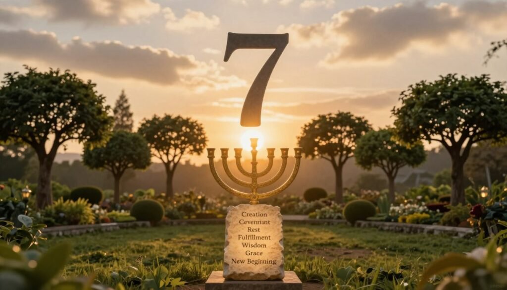 A serene and reflective scene depicting the biblical meaning of the number 7, symbolizing completion and divine perfection. In the foreground, a beautifully illuminated seven-branched menorah glows softly, casting warm light on a stone tablet inscribed with the words "Creation," "Covenant," "Rest," "Fulfillment," "Wisdom," "Grace," and "New Beginnings." In the middle ground, a lush garden with seven diverse trees, each representing a biblical significance of the number 7, such as the Tree of Life, stands tall. The background features a radiant, golden sunrise breaking through soft clouds, enhancing the atmosphere of hope and spirituality. The image captures a peaceful, reverent mood, inviting contemplation. Use a wide-angle lens with soft focus, ensuring a dreamlike quality that draws the viewer into the sacred significance of the number 7. Include the brand name "CHRISTWIN.COM" subtly in the lower corner.