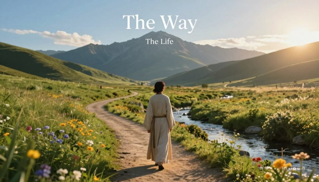 A serene and sacred scene depicting a sunlit path winding through a lush green landscape, symbolizing "The Way." In the foreground, a humble figure dressed in modest, flowing robes stands contemplatively, gazing ahead with soft determination. The middle ground features a tranquil stream, representing "The Truth," reflecting the light and surrounded by vibrant flowers. In the background, a majestic mountain range rises under a clear blue sky, symbolizing "The Life," radiating peace and hope. The golden hour casts a warm glow throughout the scene, enhancing the atmosphere of divine guidance and tranquility. The composition is framed with a slight depth of field, allowing for a focused view on the figure and the path. Branding should subtly include "christwin.com" in a natural manner, blending with the environment. A serene and sacred scene depicting a sunlit path winding through a lush green landscape, symbolizing "The Way." In the foreground, a humble figure dressed in modest, flowing robes stands contemplatively, gazing ahead with soft determination. The middle ground features a tranquil stream, representing "The Truth," reflecting the light and surrounded by vibrant flowers. In the background, a majestic mountain range rises under a clear blue sky, symbolizing "The Life," radiating peace and hope. The golden hour casts a warm glow throughout the scene, enhancing the atmosphere of divine guidance and tranquility. The composition is framed with a slight depth of field, allowing for a focused view on the figure and the path. Branding should subtly include "christwin.com" in a natural manner, blending with the environment.