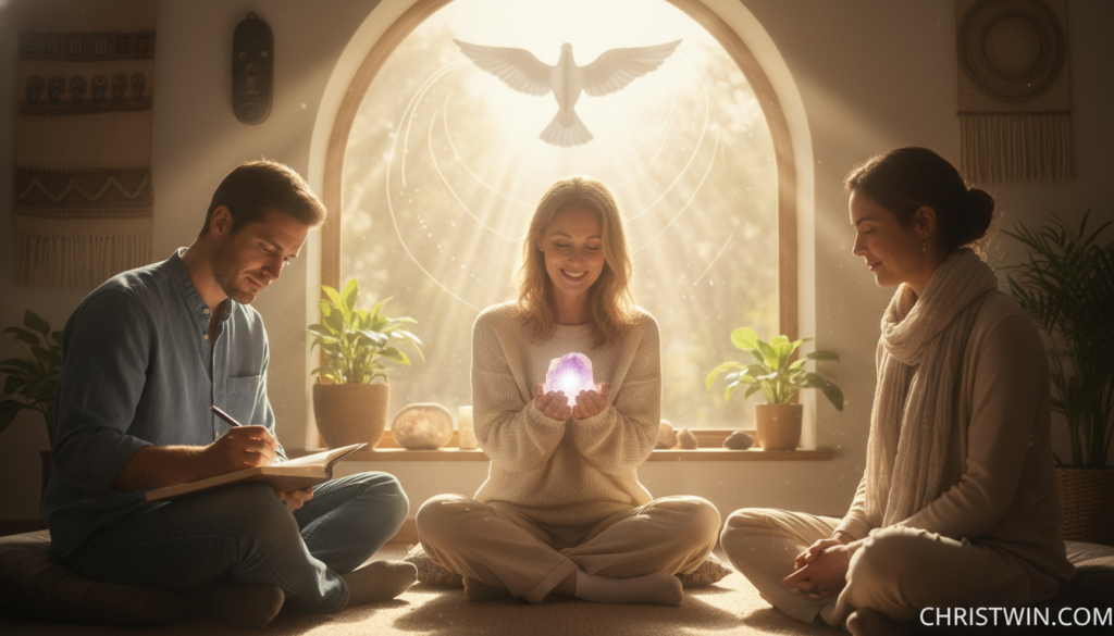 A serene and uplifting scene depicting a group of diverse individuals in a sunlit room, engaging in a spiritual reflection session. In the foreground, a woman with a warm smile in modest casual clothing holds a glowing crystal, representing her spiritual gifts. In the middle, a man is journaling his thoughts, while another individual listens attentively, all appearing engaged and inspired. The background features soft, ethereal light filtering through large windows, illuminated by gentle rays that create a peaceful atmosphere. Subtle symbols of spirituality, like a dove and subtle light rays, are woven into the decor. The overall mood is one of growth, discovery, and community. The lighting is soft and warm, enhancing the supportive ambience of the environment. Include "CHRISTWIN.COM" in the corner of the image. A serene and uplifting scene depicting a group of diverse individuals in a sunlit room, engaging in a spiritual reflection session. In the foreground, a woman with a warm smile in modest casual clothing holds a glowing crystal, representing her spiritual gifts. In the middle, a man is journaling his thoughts, while another individual listens attentively, all appearing engaged and inspired. The background features soft, ethereal light filtering through large windows, illuminated by gentle rays that create a peaceful atmosphere. Subtle symbols of spirituality, like a dove and subtle light rays, are woven into the decor. The overall mood is one of growth, discovery, and community. The lighting is soft and warm, enhancing the supportive ambience of the environment. Include "CHRISTWIN.COM" in the corner of the image.
