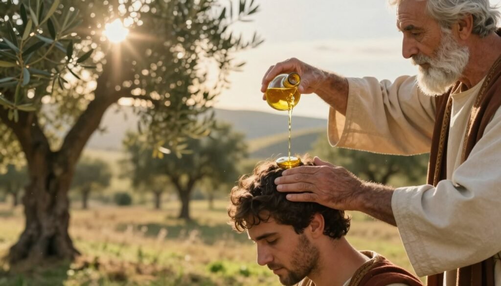 A serene biblical scene depicting anointing, with a wise, elder figure in traditional attire gently pouring a golden vial of oil over the head of a young man, symbolizing divine blessing. In the foreground, focus on the vibrant texture of the oil glistening in the sunlight as it falls, with the elder's hands delicately guiding the flow. The middle ground showcases lush olive trees symbolizing peace and prosperity, while a soft, warm light filters through their leaves, creating a sacred and uplifting atmosphere. In the background, rolling hills under a golden sky add to the tranquil setting. The image should convey a sense of reverence and spirituality. Shot with a soft-focus lens to enhance the dreamlike quality. This illustration is made for CHRISTWIN.COM.