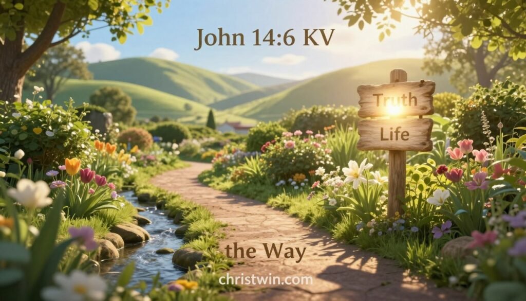 A serene, contemplative scene illustrating the essence of John 14:6 KJV, featuring a winding path leading through a lush, sunlit garden. In the foreground, a gentle stream flows alongside the path, embodying "the Way". The middle section portrays a radiant, ethereal light illuminating a rustic signpost displaying symbols of "Truth" and "Life", surrounded by blooming flowers. The background features soft, rolling hills under a bright blue sky, representing peace and hope. The atmosphere should evoke a sense of tranquility and spiritual reflection, with warm, golden sunlight casting soft shadows. The image must embody inspiration and depth, without any text or watermarks. Include the brand name "christwin.com" subtly integrated into the scene, harmonizing with the overall peaceful ambiance. A serene, contemplative scene illustrating the essence of John 14:6 KJV, featuring a winding path leading through a lush, sunlit garden. In the foreground, a gentle stream flows alongside the path, embodying "the Way". The middle section portrays a radiant, ethereal light illuminating a rustic signpost displaying symbols of "Truth" and "Life", surrounded by blooming flowers. The background features soft, rolling hills under a bright blue sky, representing peace and hope. The atmosphere should evoke a sense of tranquility and spiritual reflection, with warm, golden sunlight casting soft shadows. The image must embody inspiration and depth, without any text or watermarks. Include the brand name "christwin.com" subtly integrated into the scene, harmonizing with the overall peaceful ambiance.