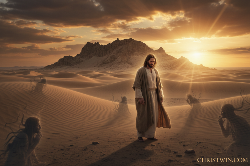 A serene desert landscape under a vast, golden sky, with rolling dunes and a rocky outcrop in the background. In the foreground, Jesus stands in thoughtful contemplation, dressed in modest, flowing robes, his expression reflecting both determination and vulnerability. Around him, shadows of temptation manifest as ethereal, dark figures whispering from the edges of the frame. The light is soft and warm, illuminating his figure while casting long shadows, evoking a mood of introspection and spiritual struggle. The composition is captured from a slightly elevated angle, allowing the viewer to feel both the grandeur of the wilderness and the intensity of the moment. This scene encapsulates the theme of temptation and resilience. Add the logo "CHRISTWIN.COM" subtly in the bottom corner.