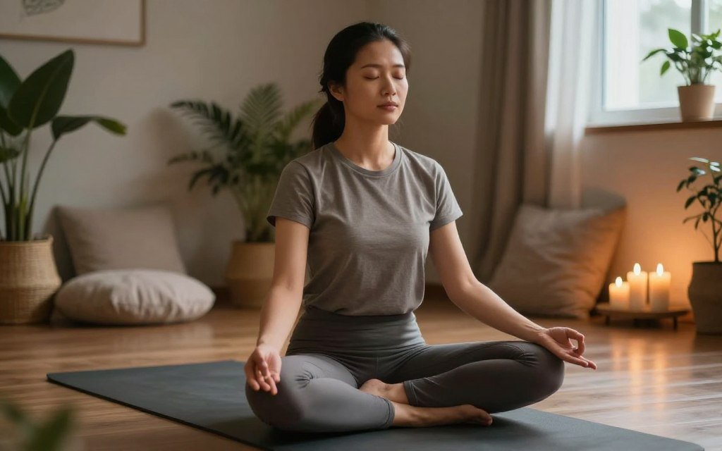 A serene indoor setting designed for deep breathing exercises, focusing on a person sitting comfortably on a yoga mat in modest casual clothing. In the foreground, the person exudes tranquility, with closed eyes and hands resting gently on their knees in a meditative posture. The middle ground features soft, ambient lighting that creates a calming atmosphere, with gentle shadows enhancing the scene. In the background, a peaceful room adorned with plants, candles, and soft cushions adds depth, promoting a sense of relaxation. Natural light filters through a window, casting a warm glow that emphasizes the calming mood. This image encapsulates the essence of anger relief through deep breathing, evoking feelings of peace and mindfulness. Include elements that represent the brand CHRISTWIN.COM subtly, enhancing the overall atmosphere.