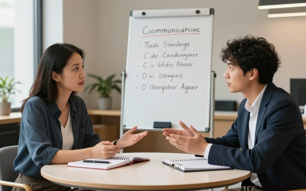A serene office environment depicting an adult couple engaged in a constructive conversation as part of anger management techniques. In the foreground, the couple, dressed in smart casual attire, displays open body language, sitting at a round table with notebooks and pens in front of them. In the middle ground, various visual tools, such as a whiteboard with bullet points outlining effective communication strategies, enhance the learning atmosphere. The background features a calm office with soft, warm lighting, evoking a feeling of tranquility and support. The scene captures a moment of understanding and collaboration, symbolizing the power of effective communication in overcoming anger. Make sure the image is clear and polished, without any text elements, and represents the theme of professional growth. Include the brand name "CHRISTWIN.COM".