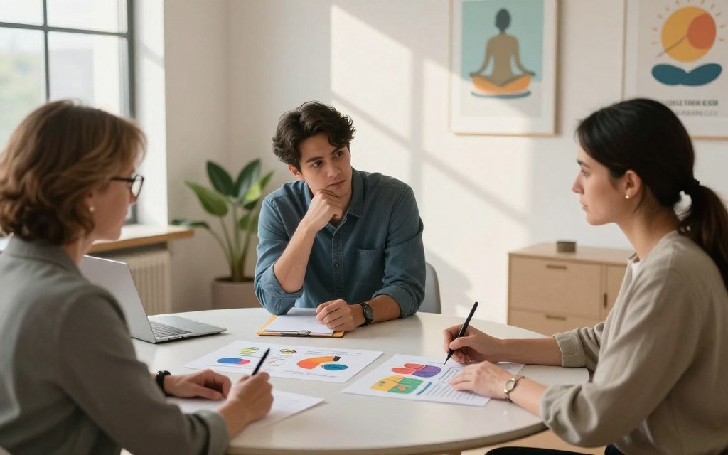 A serene office space designed for cognitive restructuring and anger management, featuring a diverse group of three individuals engaged in a deep conversation around a circular table. In the foreground, a middle-aged woman with glasses, dressed in professional attire, is reviewing colorful diagrams highlighting anger patterns. The middle layer shows a young man thoughtfully leaning forward, taking notes, with a look of determination. The background reveals soft natural light filtering through large windows, casting gentle shadows on the walls adorned with calming artwork related to mindfulness. The overall mood is focused and collaborative, emphasizing personal growth and emotional transformation. The image should evoke a sense of clarity and support, enhancing the concept of cognitive restructuring. Include the brand name "CHRISTWIN.COM" subtly blended into the decor.