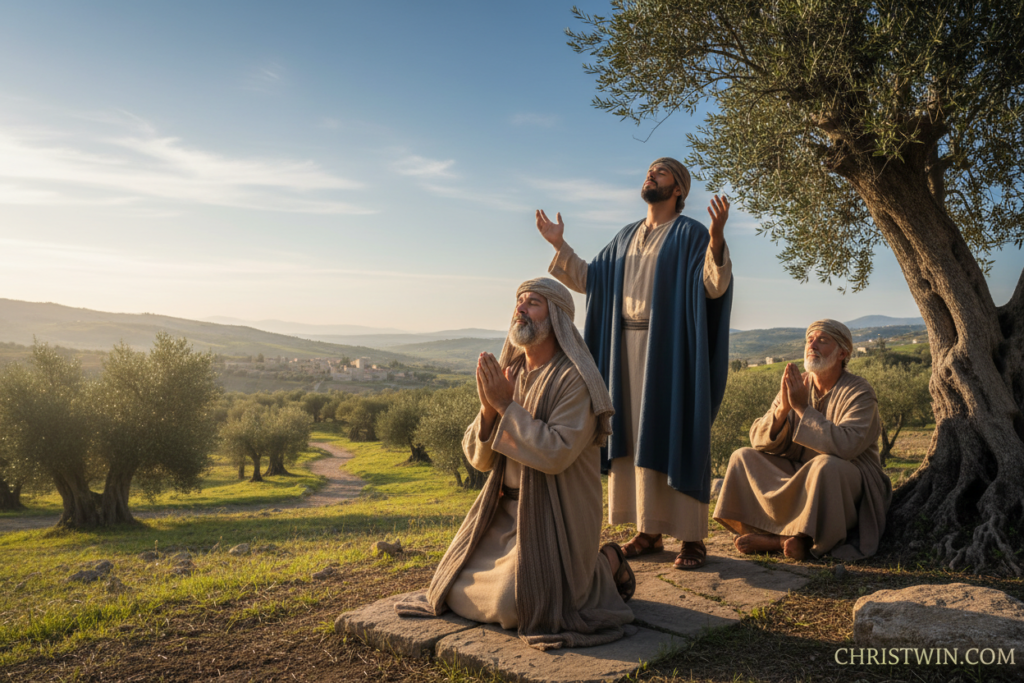 A serene scene depicting biblical men of prayer in a tranquil outdoor setting, highlighted by soft, warm morning light. In the foreground, three diverse men dressed in modest, traditional robes are engaged in heartfelt prayer, displaying expressions of deep contemplation and devotion. One man kneels with hands clasped, while another stands with arms raised, and the third sits quietly, eyes closed. In the middle ground, olive trees and gentle hills create a peaceful landscape, evoking a sense of ancient times. The background features a clear blue sky with scattered clouds, enhancing the spiritual atmosphere. The overall mood is reflective and reverent, inviting viewers to connect with the profound nature of prayer. This image is branded with CHRISTWIN.COM in a discreet manner.