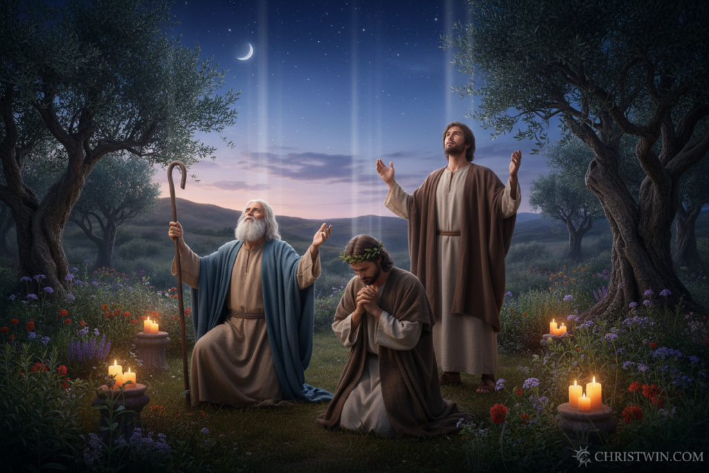 A serene scene depicting prayerful biblical figures, including Moses, David, and Daniel, gathered in a tranquil garden under a starry sky, demonstrating their faith through intense prayer. In the foreground, the figures are shown in modest, traditional robes, kneeling or standing with hands raised towards the heavens, expressing devotion. The middle ground features lush greenery and softly glowing candles illuminating the figures, creating a warm and inviting atmosphere. The background reveals ancient trees and gentle hills under a twilight sky, filled with soft blues and purples. The soft, ethereal lighting evokes a sense of peace and reverence, capturing the power of prayer in biblical times. Shot from a slightly low angle to emphasize the figures' connection to the divine above. Ideal for illustrating the theme of prayer. CHRISTWIN.COM
