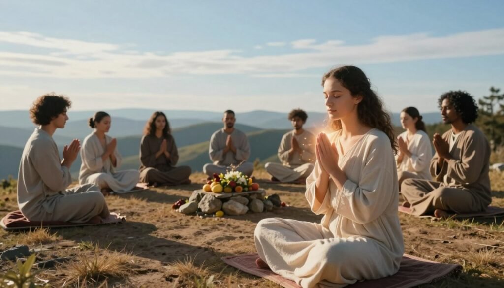 A serene scene depicting spiritual fasting and sacrifice, with a diverse group of individuals in modest attire sitting cross-legged on a peaceful, sunlit mountaintop. In the foreground, a young woman with closed eyes and a gentle expression holds her hands in prayer, surrounded by a subtle aura of light. The middle ground features a small, simple altar made of rocks, adorned with fresh fruits and flowers, symbolizing sacrifice. In the background, soft, rolling hills stretch into the distance under a clear blue sky, with wisps of clouds adding depth to the scene. Warm, golden sunlight casts gentle shadows, creating a tranquil and reflective atmosphere that encourages spiritual awareness and connection. The essence of devotion and unity radiates throughout. CHRISTWIN.COM
