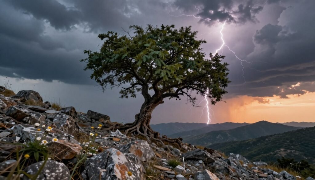 A single, determined tree stands resilient on a rocky hillside, its gnarled branches reaching towards a stormy sky filled with dark clouds and flashes of lightning. In the foreground, the rugged terrain conveys the harshness of adversity, with scattered stones and wildflowers symbolizing hope and growth. The middle ground features the robust tree, its leaves trembling yet vibrant, representing perseverance amidst turmoil. In the background, distant mountains loom under the dramatic light of the setting sun, casting an orange glow that contrasts with the threatening storm. The atmosphere is charged yet hopeful, embodying strength and resilience in the face of hardship. The image is captured with a wide-angle lens to emphasize the tree's isolation and struggle against the elements, making it a powerful visual metaphor for overcoming challenges. christwin.com