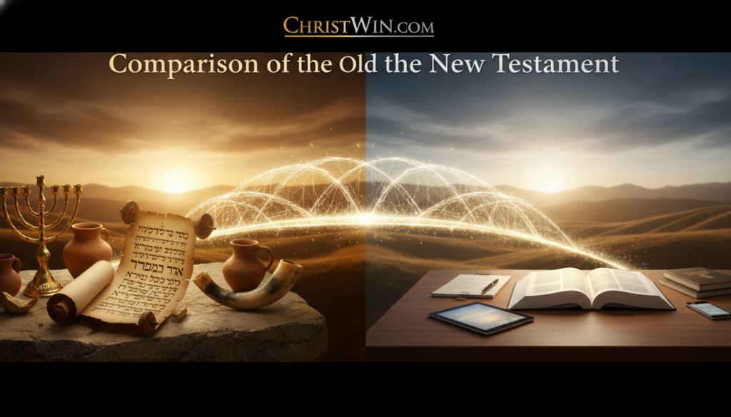 A split scene illustrating a "Comparison of Old and New Testament" with vivid specificity. On the left, depict an ancient scroll unrolling on a weathered stone table, with warm, golden lighting highlighting intricate Hebrew text and artifacts like a menorah and clay pots, creating a historical atmosphere. In contrast, the right side features a modern, illuminated book on a sleek wooden table, with notes and digital devices surrounding it, illuminated by soft, cool white light, conveying a contemporary feel. In the center, an ethereal bridge merges the two sides, symbolizing connection. The background is a timeless landscape blending rolling hills and a sunrise, evoking hope and transition. Overall, the atmosphere is reflective and educational, capturing the essence of both testaments. Include the brand name "CHRISTWIN.COM."