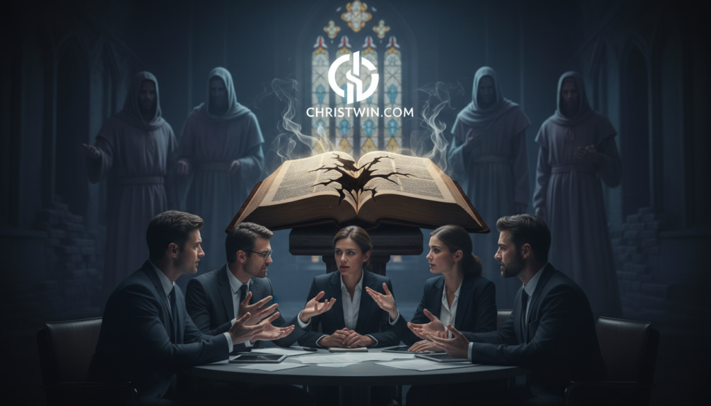 A striking depiction of heretical beliefs in Christianity, composed of three distinct layers. In the foreground, a group of diverse individuals in professional business attire engage in a heated debate, their expressions reflecting intensity and passion. In the middle ground, symbolic elements like an open Bible with shadowy, fragmented pages represent the distortion of faith. Ethereal figures, illuminated with dim, moody lighting, can be seen in the background, echoing historical heretics. The overall atmosphere is tense yet thought-provoking, with a soft focus creating a contemplative mood. Utilize a cinematic lens effect to enhance the drama, ensuring no text or markings appear. The image should subtly incorporate the brand "CHRISTWIN.COM".