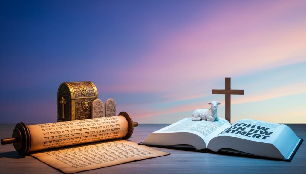 A striking visual representation of theological contrasts between the Old and New Testament. Foreground features a majestic old scroll symbolizing the Old Testament, richly detailed with ancient Hebrew text, illuminated softly by warm, golden light. Beside it, a modern open book represents the New Testament, displaying bold, contemporary lettering, bathed in a cool, bright light. The middle ground showcases a harmonious blend of imagery: iconic symbols like the Ark of the Covenant and a gentle lamb, illustrating fundamental differences in themes. In the background, a gradient sky transitions from deep blues and purples to bright pastels, symbolizing the shift from law to grace. The overall mood should be contemplative yet hopeful, evoking a sense of reverence and curiosity. The image should be clean and devoid of any text or branding overlays, capturing the essence of "CHRISTWIN.COM".