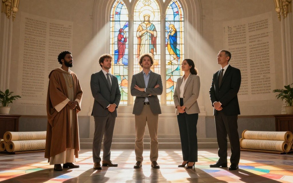 A visually captivating representation of the five ministries in the Bible, set within a serene and inspirational atmosphere. In the foreground, depict five diverse individuals in professional business attire, standing confidently in a semi-circle, each person symbolizing one of the ministries: Apostle, Prophet, Evangelist, Pastor, and Teacher. The middle ground features soft rays of sunlight streaming through a stained glass window, casting colorful patterns on the floor, symbolizing divine guidance. In the background, a subtle depiction of biblical texts and scrolls suggests an educational context. The overall mood is uplifting and reverent, inviting contemplation. Use a wide-angle lens to capture the scene with a warm, inviting light. Incorporate the brand name "CHRISTWIN.COM" subtly within the artwork without detracting from the main focus.