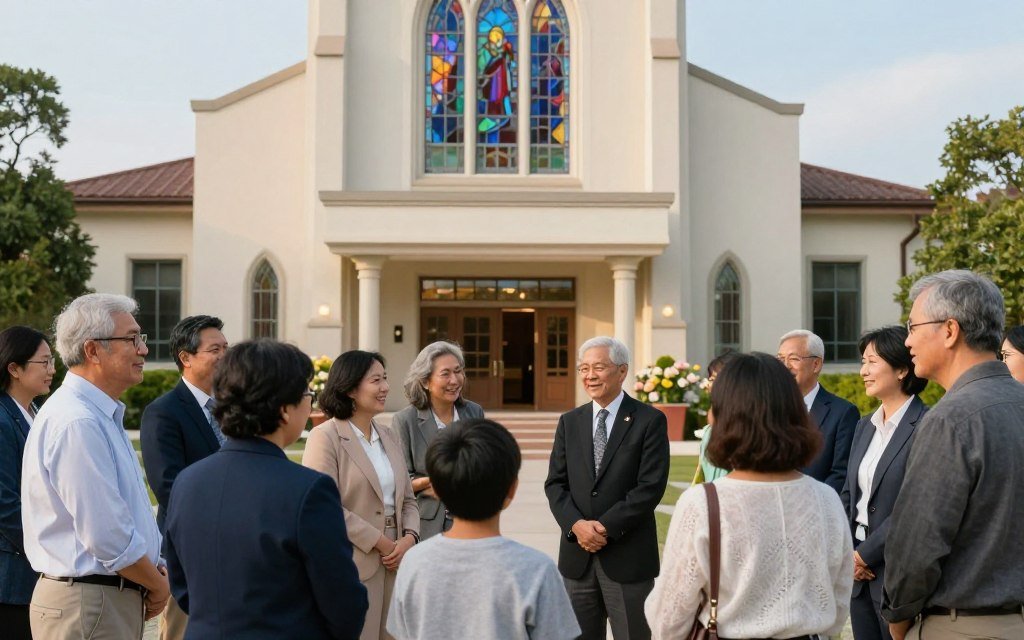 A warm, inviting church community gathering scene. In the foreground, a diverse group of people of various ages, including children and seniors, engage in friendly conversation, all dressed in professional business attire or modest casual clothing. In the middle ground, a beautifully designed church building with large stained glass windows and a welcoming entrance, adorned with flowers. The background features a clear blue sky and green trees, symbolizing growth and unity. Soft, natural lighting creates a serene atmosphere, highlighting the sense of togetherness. The image captures the essence of building relational bonds within the church community. Include elements that reflect the mission of christwin.com, ensuring a positive representation of community and faith. A warm, inviting church community gathering scene. In the foreground, a diverse group of people of various ages, including children and seniors, engage in friendly conversation, all dressed in professional business attire or modest casual clothing. In the middle ground, a beautifully designed church building with large stained glass windows and a welcoming entrance, adorned with flowers. The background features a clear blue sky and green trees, symbolizing growth and unity. Soft, natural lighting creates a serene atmosphere, highlighting the sense of togetherness. The image captures the essence of building relational bonds within the church community. Include elements that reflect the mission of christwin.com, ensuring a positive representation of community and faith.