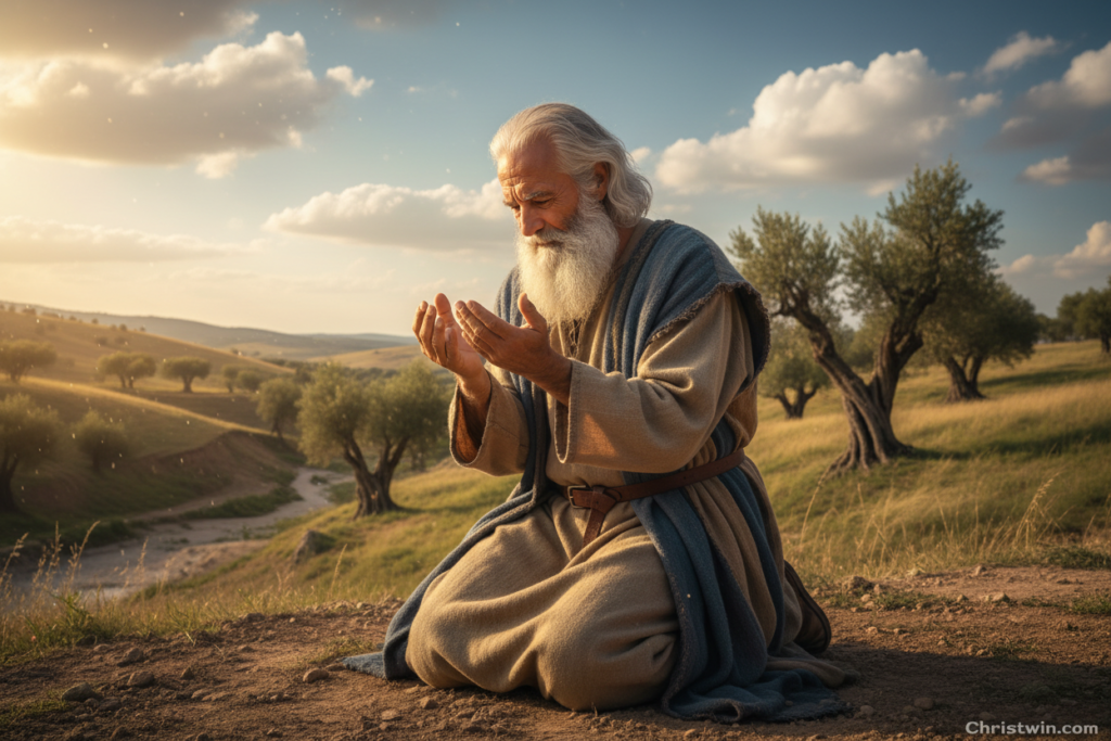 Abraham, an elderly Middle Eastern man with a long, flowing beard, is depicted in a peaceful outdoor setting, kneeling on the ground in a humble prayer position. He wears simple, earth-toned robes that reflect his nomadic lifestyle. The foreground features his outstretched hands, clasped in fervent prayer, with warm sunlight illuminating his face, creating a serene expression of faith and devotion. In the middle ground, a vast landscape of rolling hills and scattered olive trees represents the ancient times of the biblical era. The background reveals a clear blue sky with soft, fluffy clouds, symbolizing hope and divine connection. The scene is bathed in golden hour lighting, enhancing the tranquil mood and atmosphere. A gentle breeze can be felt, adding to the sense of peace. ART BY CHRISTWIN.COM.