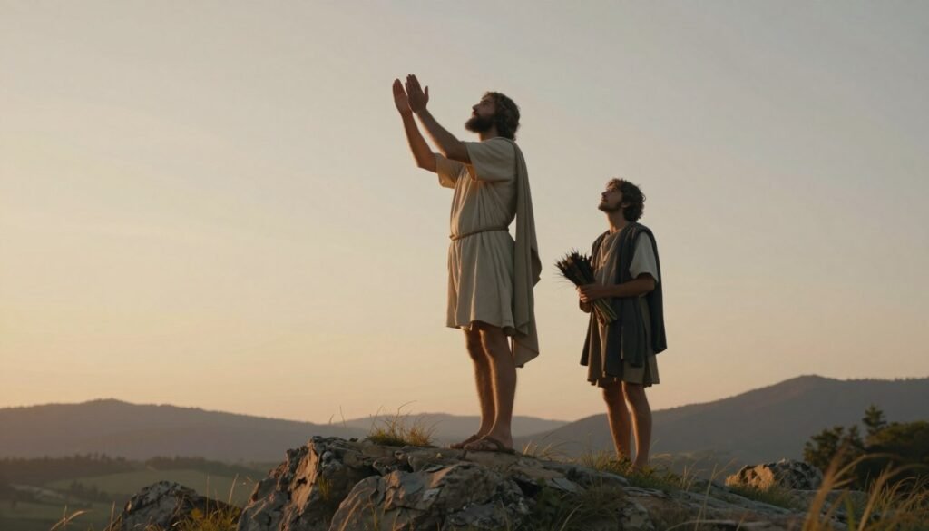 Abraham stands resolutely on a rocky hilltop, hands raised in prayer, embodying unwavering faith. Beside him, Isaac, dressed in modest tunics, looks up with a mix of trust and curiosity, holding a bundle of wood. The foreground features grass and scattered stones, while the middle ground showcases a clear sky painted in warm hues of dawn, casting soft, golden light over the scene. In the background, distant mountains create a serene landscape. A gentle breeze rustles through the foliage, adding an ethereal quality. Capture this poignant moment with a cinematic angle, using a soft focus to enhance the emotional atmosphere. The overall mood is one of hope and solemnity, inviting reflection on the powerful lessons of faith. Create the image for CHRISTWIN.COM.