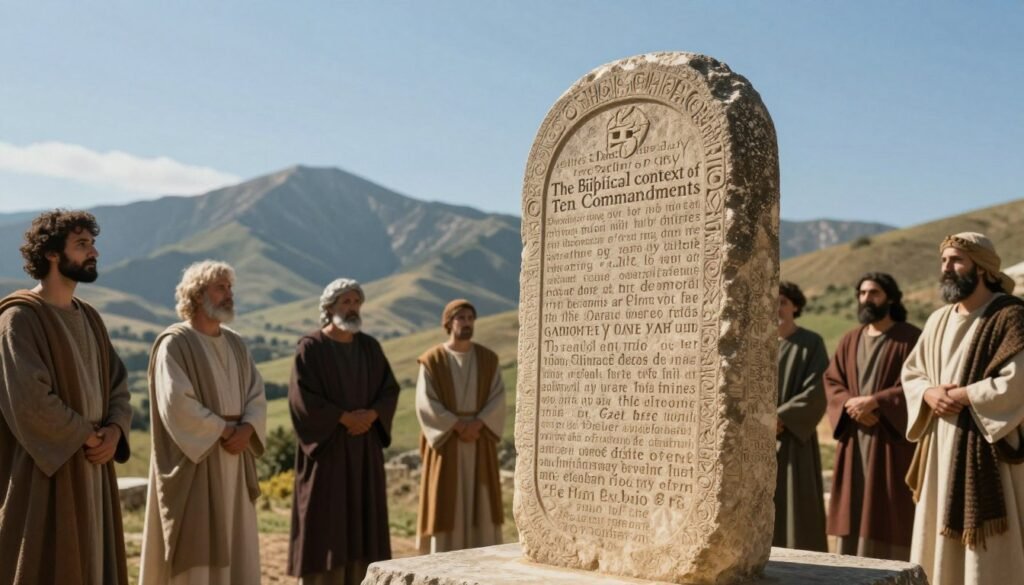 An ancient stone tablet engraved with the Ten Commandments stands prominently in the foreground, draped in soft, warm light that highlights the intricate carvings. In the middle ground, a serene biblical landscape unfolds, featuring rolling hills and a clear blue sky, symbolizing the divine inspiration behind the commandments. A group of modestly dressed individuals, including men and women in traditional biblical attire, gather around the tablet with expressions of contemplation and reverence. In the background, a majestic mountain range looms, representing the sacredness of the location. The scene evokes a sense of spiritual significance and historical depth. The overall mood is solemn yet enlightening, inviting viewers to reflect on the importance of the commandments. This image should embody the themes of "The Biblical Context of the Ten Commandments" for CHRISTWIN.COM.