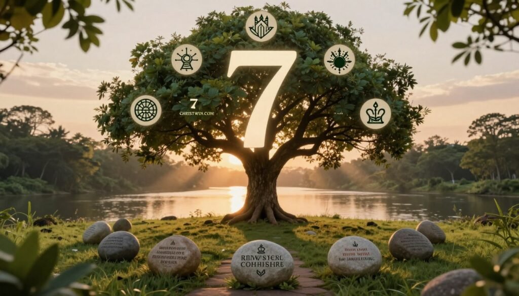 An artistic representation of the symbolism of the number 7, featuring a lush, serene landscape in the background. At the center, a majestic tree with seven distinct branches, each adorned with unique symbols representing spiritual and biblical significance. Surrounding the tree, a tranquil river reflects the glowing light of a vibrant sunset, creating a warm, ethereal atmosphere. In the foreground, seven shimmering stones, each engraved with biblical references, form a path leading towards the tree. Soft beams of light filter through the foliage, illuminating the scene. The composition is framed with a gentle depth of field to emphasize the tree as the focal point, evoking a sense of peace and contemplation. The brand name "CHRISTWIN.COM" is subtly integrated into the natural elements, blending harmoniously with the overall theme.