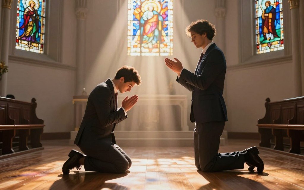 Anointing of the Holy Spirit, depicted in a serene church interior. Foreground features a diverse group of three individuals in professional business attire—one kneeling in prayer, another gently touching the shoulder of the kneeling person, and the third standing with hands uplifted. Middle ground shows a soft, glowing light representing the Holy Spirit descending upon them, encapsulated in ethereal rays. Background includes stained glass windows illuminating the scene with warm colors, casting colorful reflections on the polished wooden floor. Soft, ethereal lighting creates a divine atmosphere, enhancing the sense of peace and reverence. The angle is slightly elevated, conveying a sense of hope and spirituality. Include the name "CHRISTWIN.COM" subtly integrated into the lighting effect, without detracting from the primary focus.