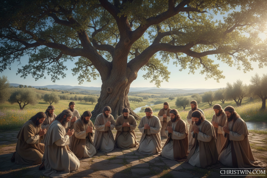 Biblical prayer warriors in a serene and sacred setting, capturing the essence of devotion and strength. In the foreground, a diverse group of men in modest, professional attire kneels in prayer, their faces reflecting deep focus and faith. In the middle ground, a towering ancient tree provides shade, symbolizing strength and wisdom, while soft sunlight filters through the leaves, creating a warm and inviting glow. The background features a tranquil landscape with rolling hills and a clear sky, evoking a sense of divine presence. The mood is peaceful and reverent, inviting viewers to reflect on the power of prayer. The image is beautifully lit with a soft focus effect, shot from a slight low angle to emphasize the warriors' humility and dedication. CHRISTWIN.COM