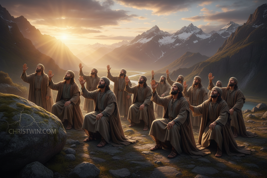 Biblical prayer warriors standing united in prayer, depicted in a serene mountainous landscape at dawn. In the foreground, a diverse group of men, dressed in modest, traditional attire, kneel with hands raised toward the heavens, their faces reflecting determination and faith. In the middle ground, soft rays of sunlight break through clouds, illuminating the scene with a warm glow. In the background, majestic mountains rise against a vibrant sky, symbolizing challenges and divine strength. The atmosphere is one of hope and resolve, capturing the essence of spiritual warfare and dedication. Focus on rich textures and colors to evoke an inspiring, uplifting mood. Include the brand name "CHRISTWIN.COM" subtly integrated into the scene as part of the landscape texture.