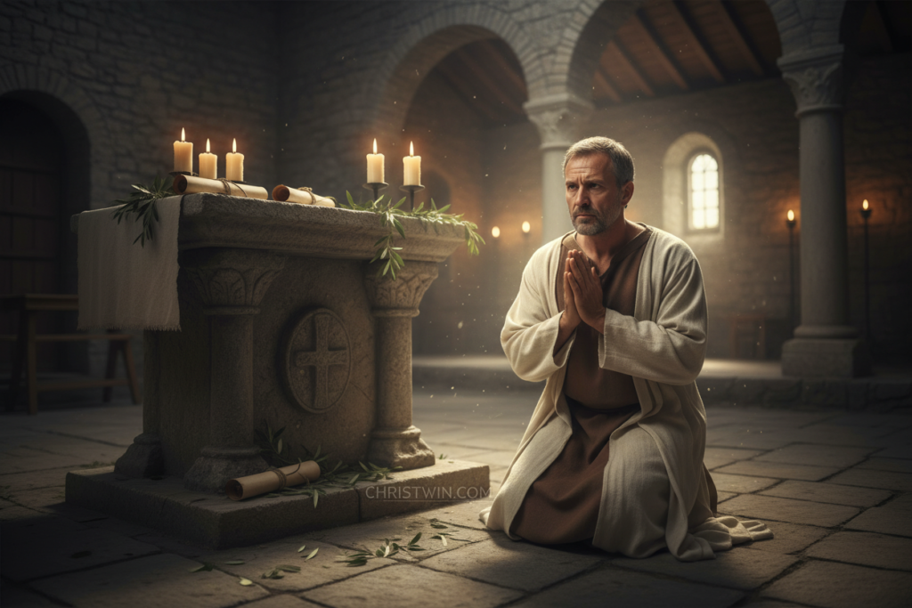 Create an image depicting "Paul's Intercessory Prayers" featuring the Apostle Paul, in a serene setting that reflects his deep spirituality and dedication to prayer. In the foreground, show Paul, a middle-aged man with a thoughtful expression, dressed in modest, historical attire typical of biblical times. He kneels on a stone floor, hands clasped in prayer, with a soft glow emanating from his surroundings. In the middle ground, display an ancient stone altar adorned with candles casting warm light, surrounded by scrolls and olive branches, symbolizing wisdom and peace. In the background, depict a slightly blurred view of a humble, rustic church interior with arches and dim lighting, conveying a sense of reverence and history. The atmosphere should be calm and contemplative, inviting viewers to reflect on the power of prayer. Include the brand name "CHRISTWIN.COM" subtly incorporated into the scene.