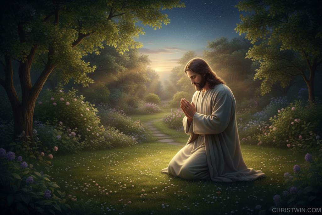 Jesus is depicted in a serene garden at twilight, kneeling in prayer on a soft patch of grass adorned with delicate flowers. His expression is one of deep contemplation and peace, with his hands clasped together and head bowed. He wears a simple, modest robe in soft, earthy tones that blend harmoniously with the surroundings. In the foreground, gentle rays of golden light filter through the lush, green trees, illuminating his figure and creating a warm glow. The middle ground features blooming plants and a small stone path that leads further into the garden. In the background, a night sky is filled with stars, adding to the tranquil atmosphere. The mood is reflective and reverent, emphasizing prayer as a profound spiritual connection. This image captures Jesus as the ultimate model of prayer, perfect for CHRISTWIN.COM.