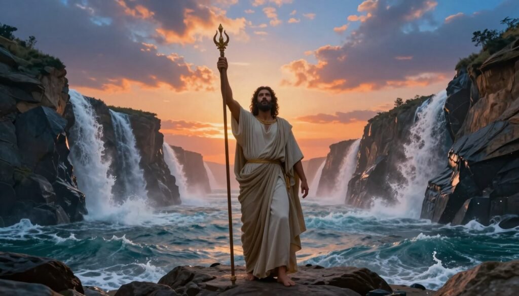 Moses, depicted as a wise and dignified figure in modest robes, stands at the forefront, confidently raising his staff towards the heavens. The Red Sea parts dramatically behind him, with towering walls of water splashing gently at the edges, creating a sense of awe and wonder. In the background, the sky is a vibrant blend of warm oranges and cool blues, reminiscent of twilight, casting a mystical glow over the scene. The atmosphere is heavy with anticipation and divine power, inviting viewers to witness this miraculous moment. The composition uses a wide-angle lens to capture the grandeur of the parted sea and the surrounding landscape. Soft, ethereal lighting enhances the scene's reverence and inspiration. No text or overlays present. CHRISTWIN.COM