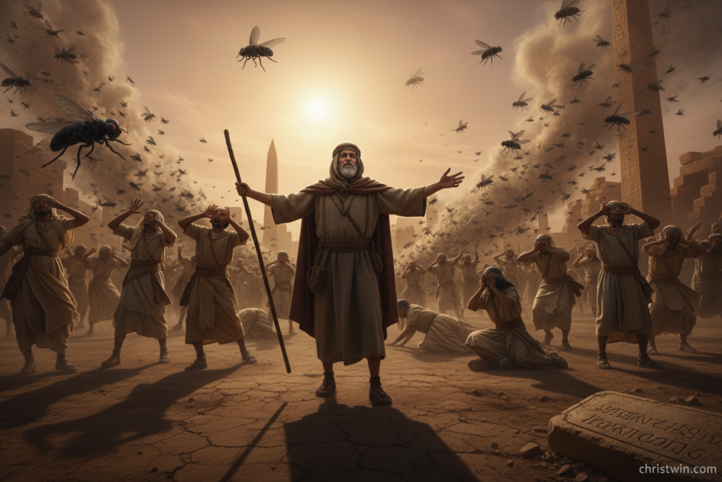 Moses stands prominently in the foreground, gesturing dramatically as he invokes the fourth plague of flies upon the land of Egypt. His clothing is traditional and modest, reflecting biblical times. Surrounding him, swarms of dark, ominous flies can be seen buzzing around, their forms exaggerated to emphasize their presence. In the middle ground, we see Egyptian citizens recoiling in horror, holding their hands up in a mix of fear and disbelief, dressed in modest attire appropriate for the period. The background features the dusty landscape of ancient Egypt, with crumbling stone structures and a bright, oppressive sun casting stark shadows, creating a mood of chaos and desperation. The image should be captured from a slightly low angle to heighten the drama, with rich colors and a contrast between the harsh sunlight and the deep shadows of the people. This artwork should not contain any text or logos other than "christwin.com".