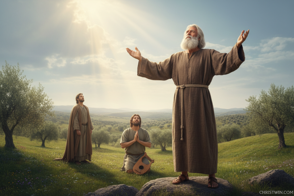 Prayerful biblical figures in a serene landscape, featuring men like Moses, David, and Daniel depicted in humble, modest attire, engaged in deep contemplation and prayer. In the foreground, Moses stands with his hands raised towards the heavens, wearing a simple robe, his expression filled with reverence. In the middle, David kneels on the ground with his hands clasped, a harp by his side, reflecting the tranquility of his spirit. Daniel is depicted in a dignified stance, gazing upward amidst soft, luminous rays of light breaking through the clouds. The background features rolling hills under a peaceful sky, adding to the atmosphere of divine connection. Use a warm, soft lighting effect to enhance the peaceful mood. High-resolution, captured with a wide-angle lens to provide a sweeping view of this sacred moment. From CHRISTWIN.COM.