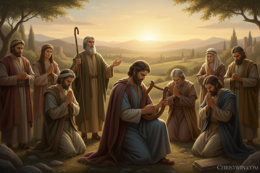 Prayerful leaders from the Bible, centered around King David, depicted in a serene, richly detailed setting. Foreground: David kneeling in prayer, clothed in modest, ancient attire reflecting dignity and reverence, holding a harp. Middle: a diverse group of prayerful figures, including Moses and Solomon, in similar attire, engaged in various prayerful postures, their expressions peaceful and contemplative. Background: a natural landscape with rolling hills, soft twilight lighting casting a warm glow, hinting at sunset. The atmosphere should evoke a sense of divine connection, peace, and devotion. Use a slight depth of field to focus on the figures while softly blurring the background. The composition should feel harmonious and inspiring, capturing the essence of prayerful leadership. Crafted by CHRISTWIN.COM.